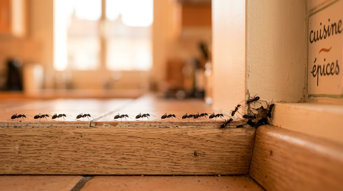 Fourmis suivant une piste vers une fissure dans une cuisine
