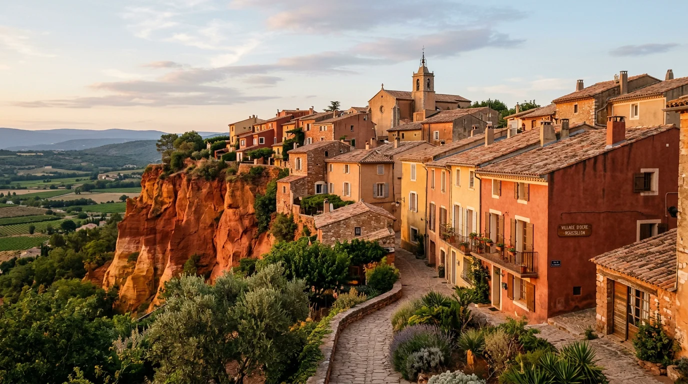 Village de Roussillon aux façades ocre au coucher du soleil dans le Luberon