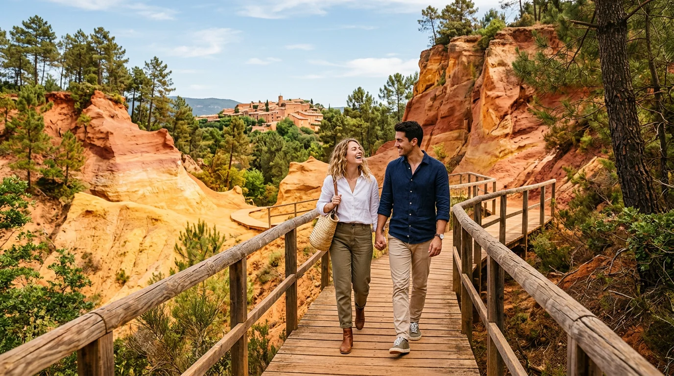 Promeneurs sur le Sentier des Ocres entre les falaises rouges de Roussillon