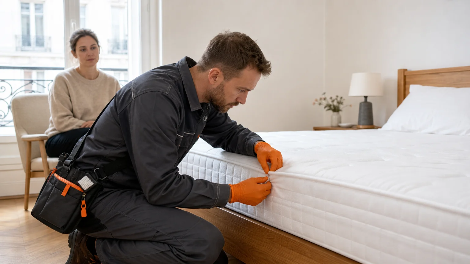 Inspection d’un matelas lors d’un traitement contre les punaises de lit