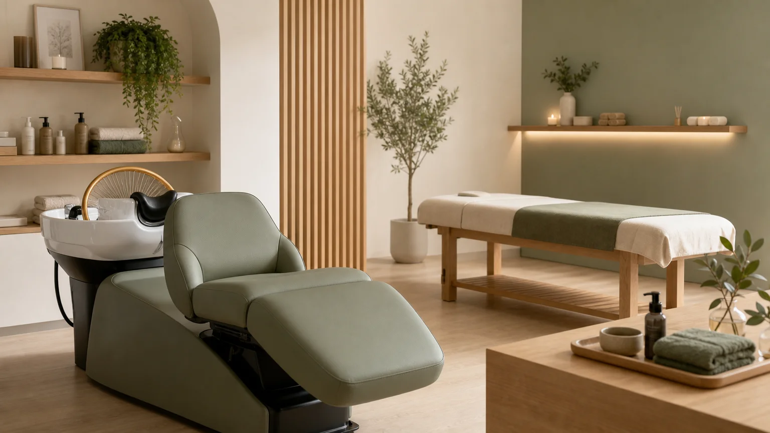 Espace professionnel présentant plusieurs types d’équipement Head Spa