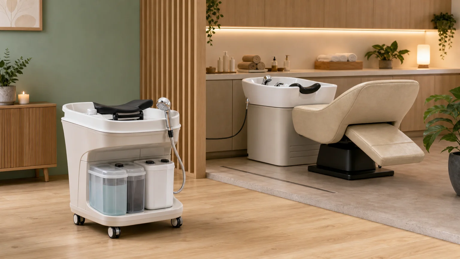 Comparaison visuelle entre un bloc Head Spa autonome et une installation raccordée