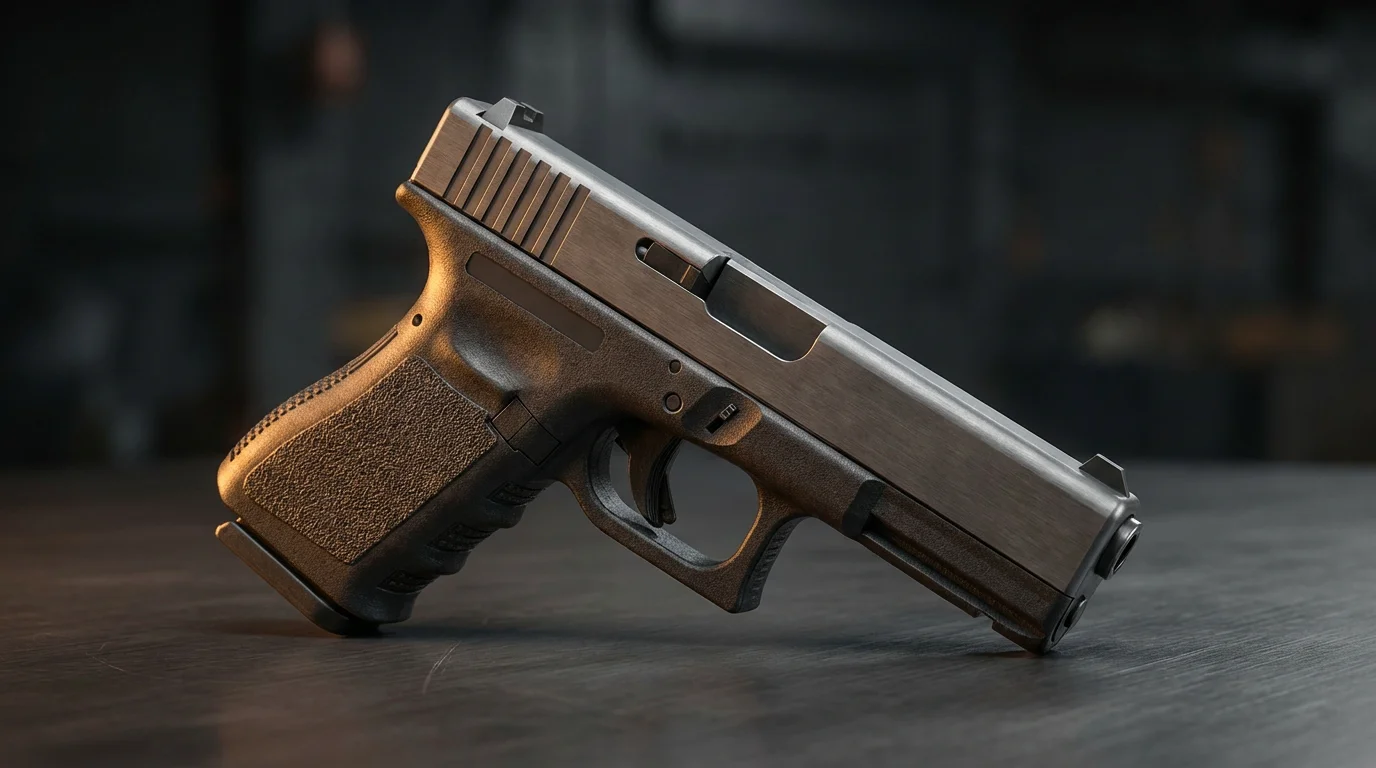 Pistolet semi-automatique à carcasse polymère posé sur une surface métallique sombre