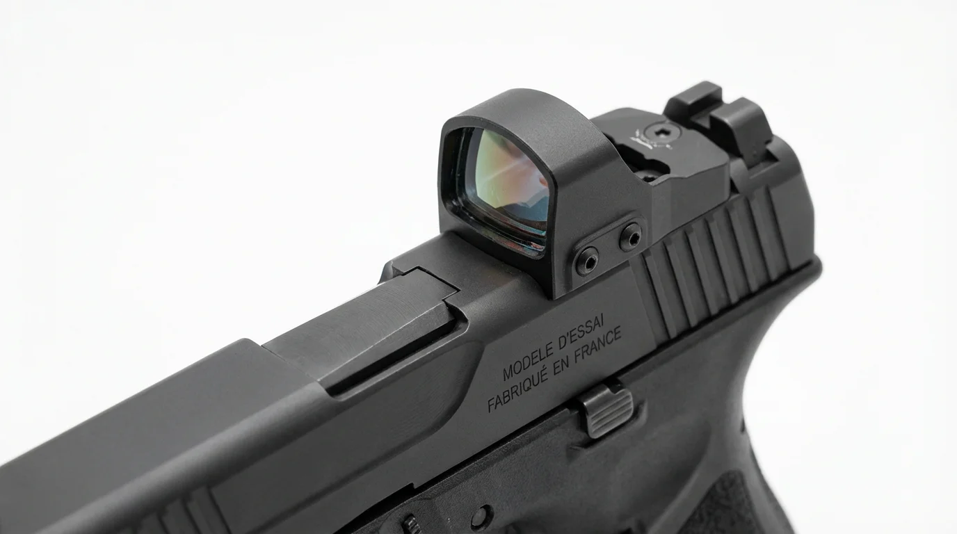 Vue rapprochée d'une glissière de pistolet avec système de montage optique intégré