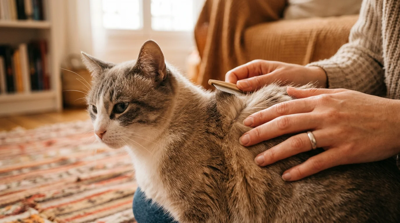 Propriétaire européen inspectant le pelage de son chat à la recherche de puces