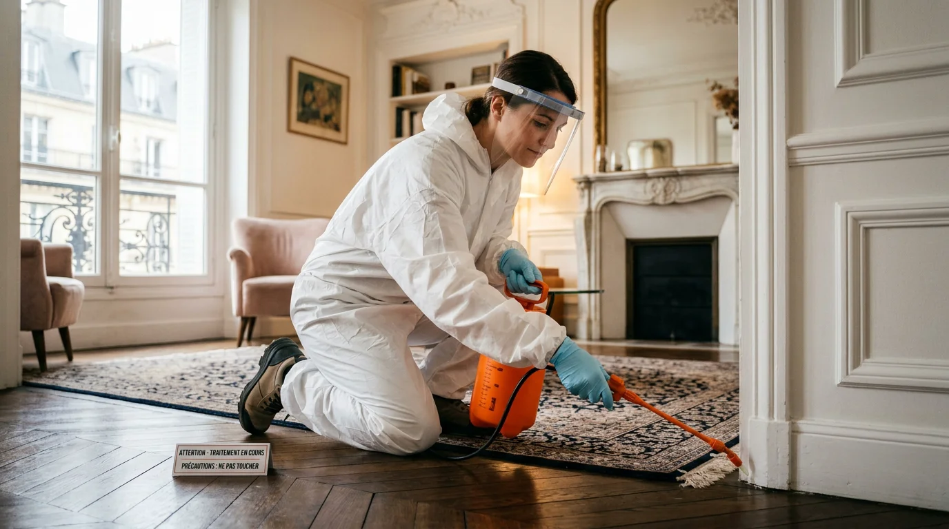 Technicien traitant les plinthes d'un appartement contre les puces