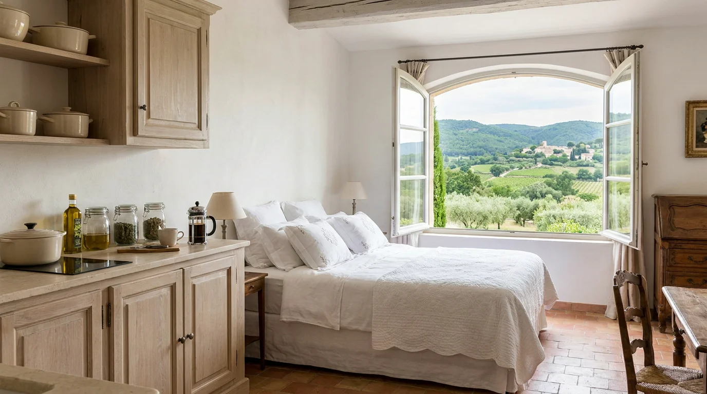 Intérieur d'un appartement hôtelier avec kitchenette et vue sur le Luberon