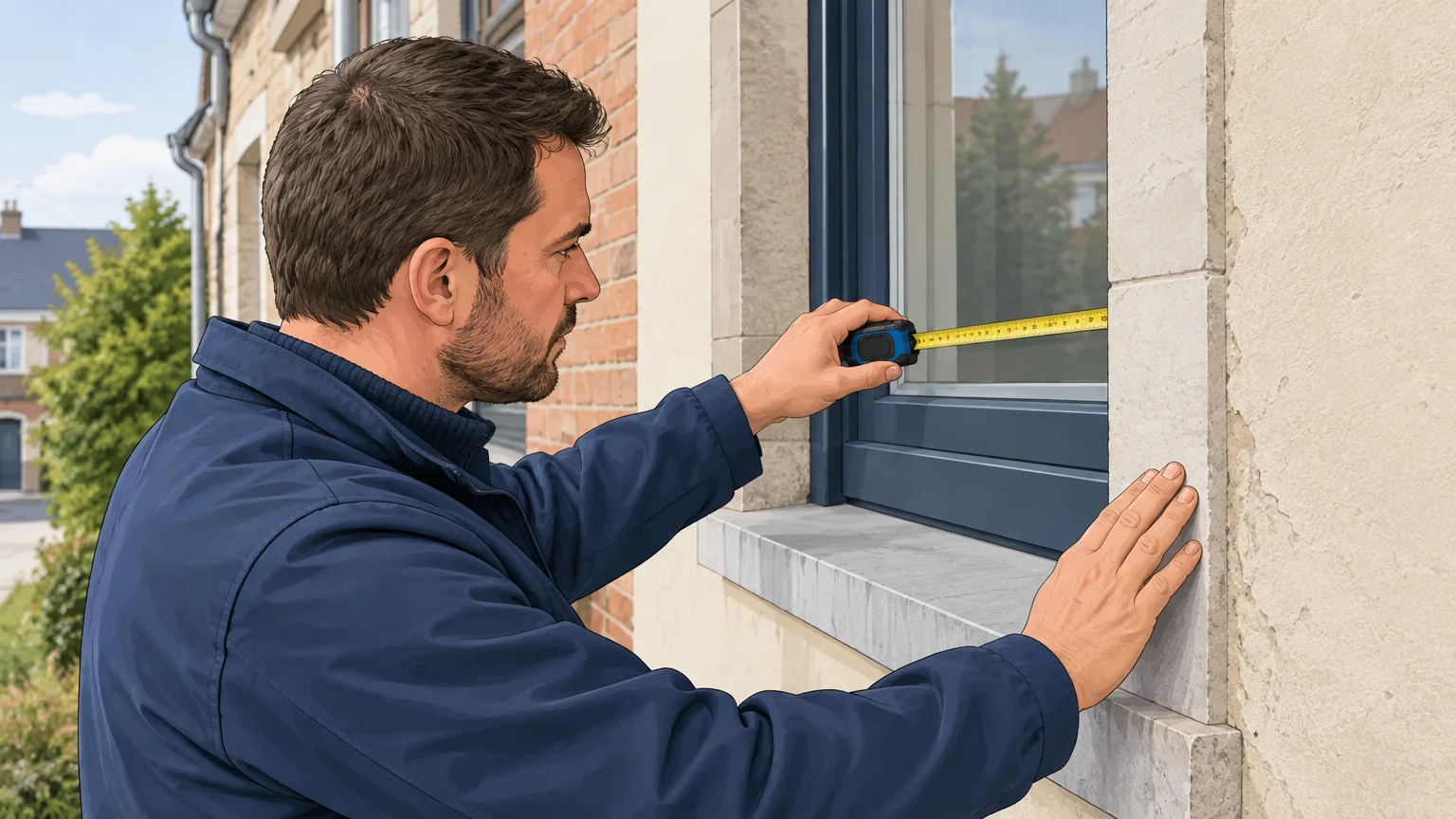Un professionnel mesure une façade pendant une visite technique avant devis