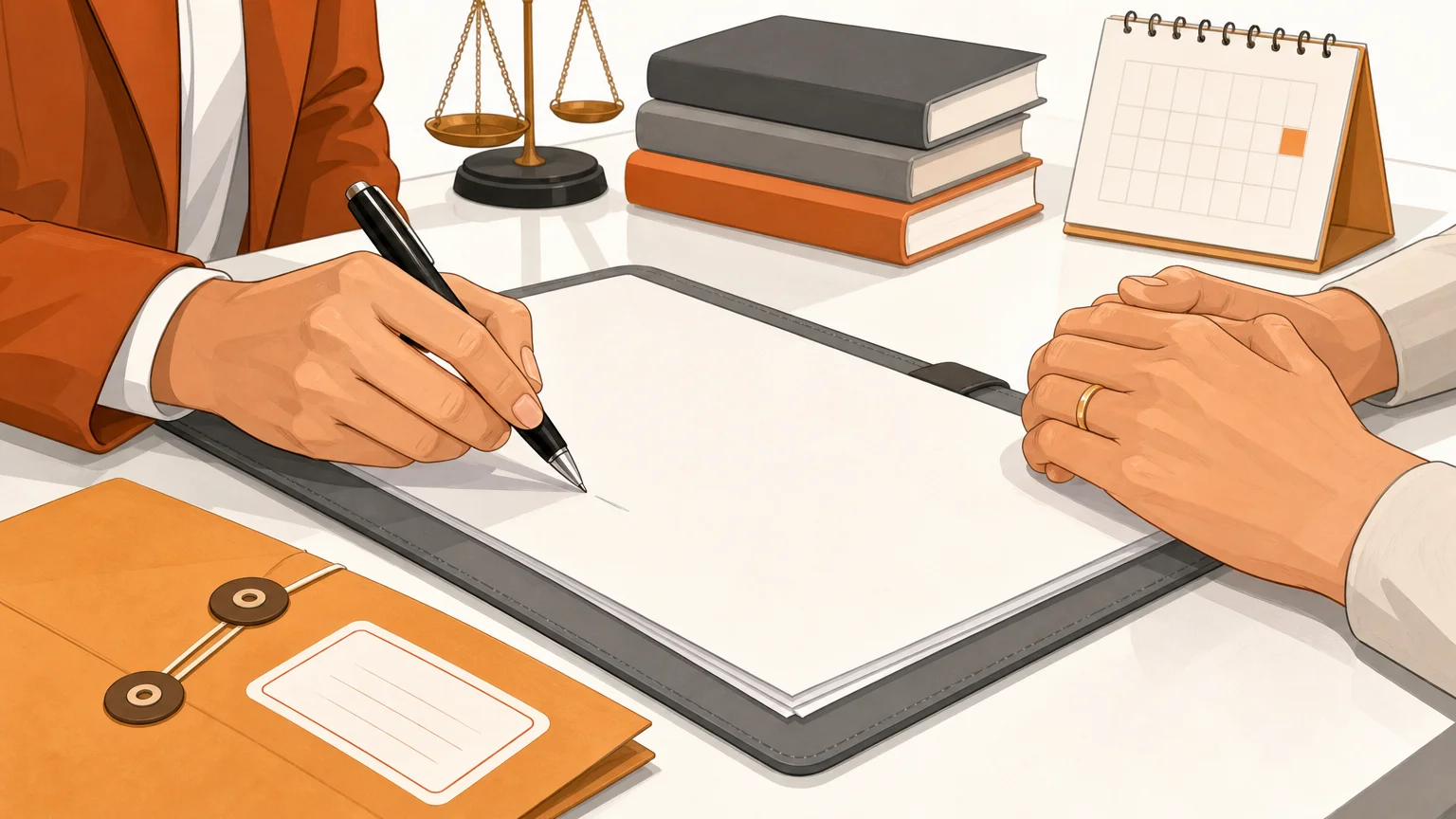 Gros plan sur des mains signant une convention de divorce sur un bureau juridique.