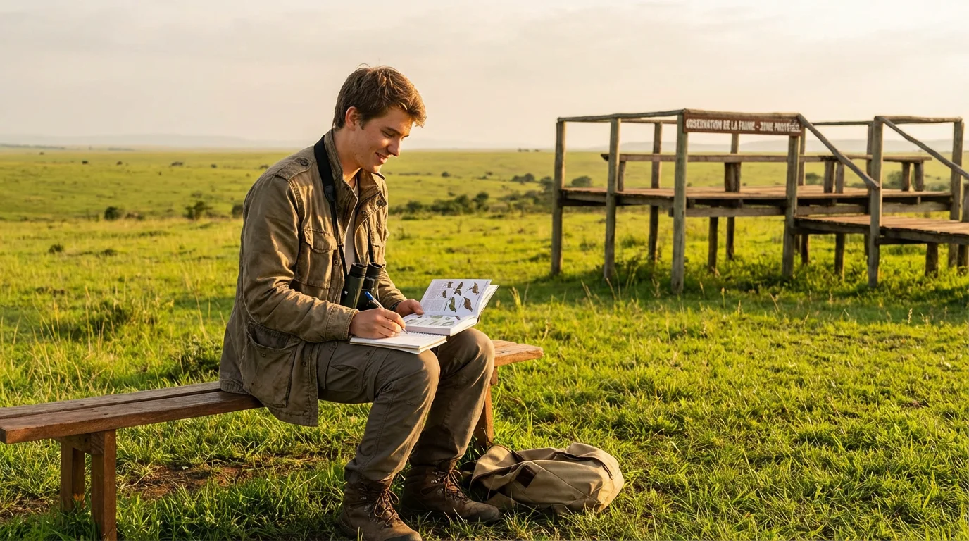 Étudiant européen en stage d'écovolontariat observant la faune sauvage dans une réserve naturelle