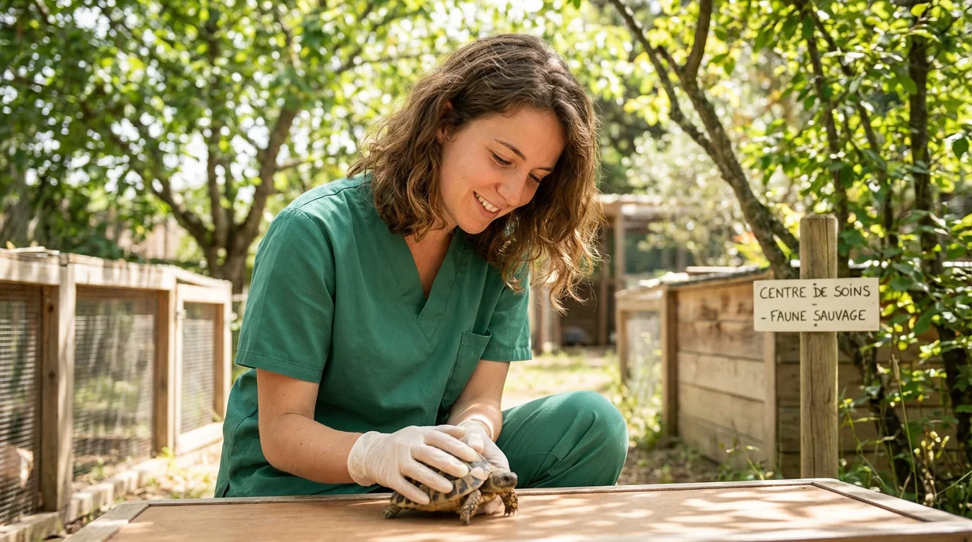 Étudiante européenne en stage vétérinaire examinant un animal sauvage dans un centre de réhabilitation