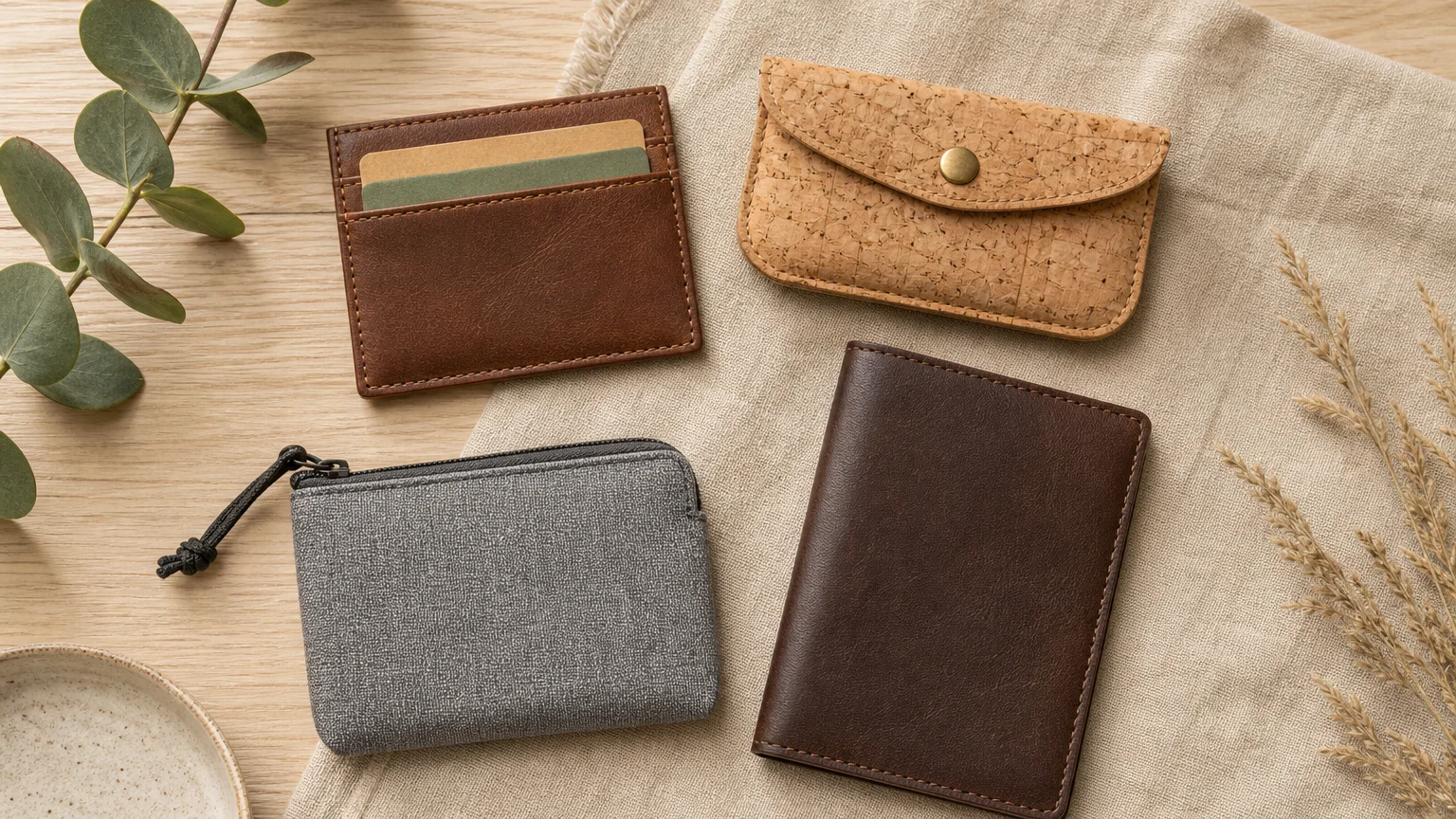 Assortiment de petite maroquinerie personnalisable en matières responsables disposé en flat lay