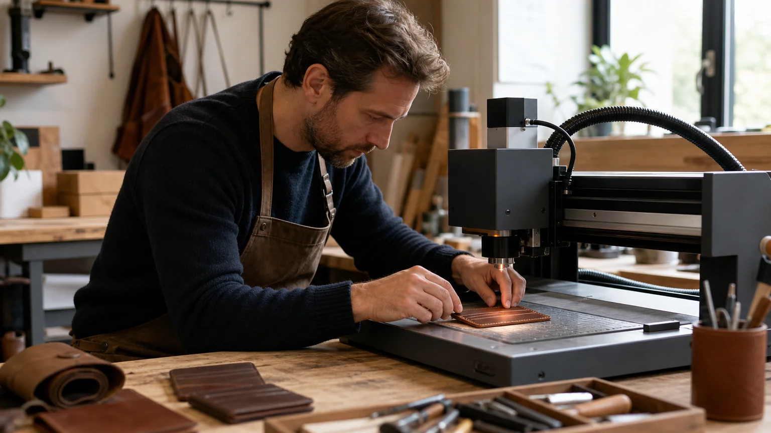 Artisan personnalisant un porte-cartes en cuir par gravure laser dans un atelier
