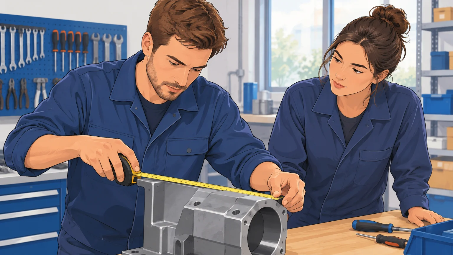 Technicien utilisant un mètre ruban dans un atelier de maintenance