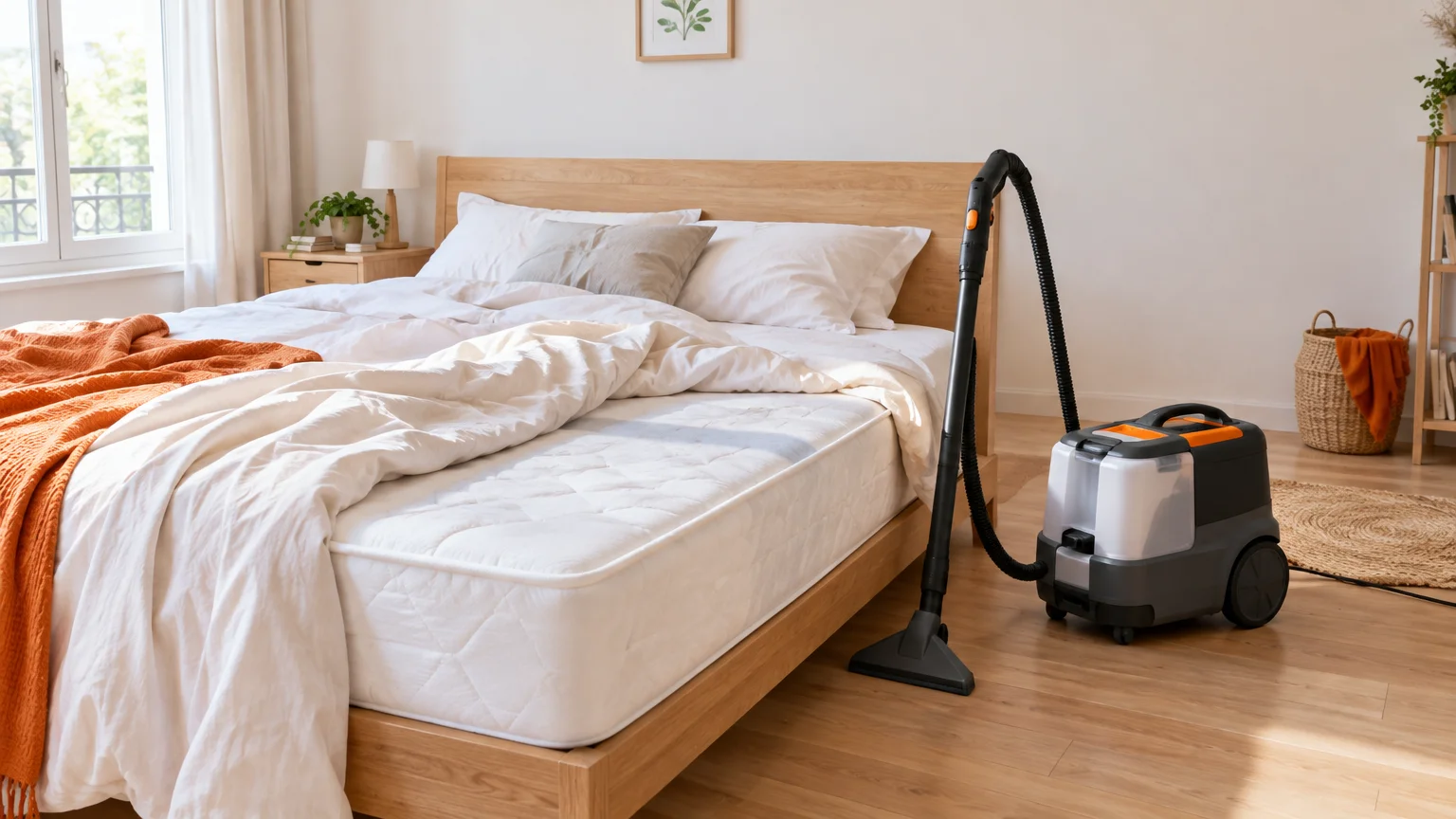 Appareil professionnel à vapeur sèche près d’un lit préparé pour un traitement sans insecticide