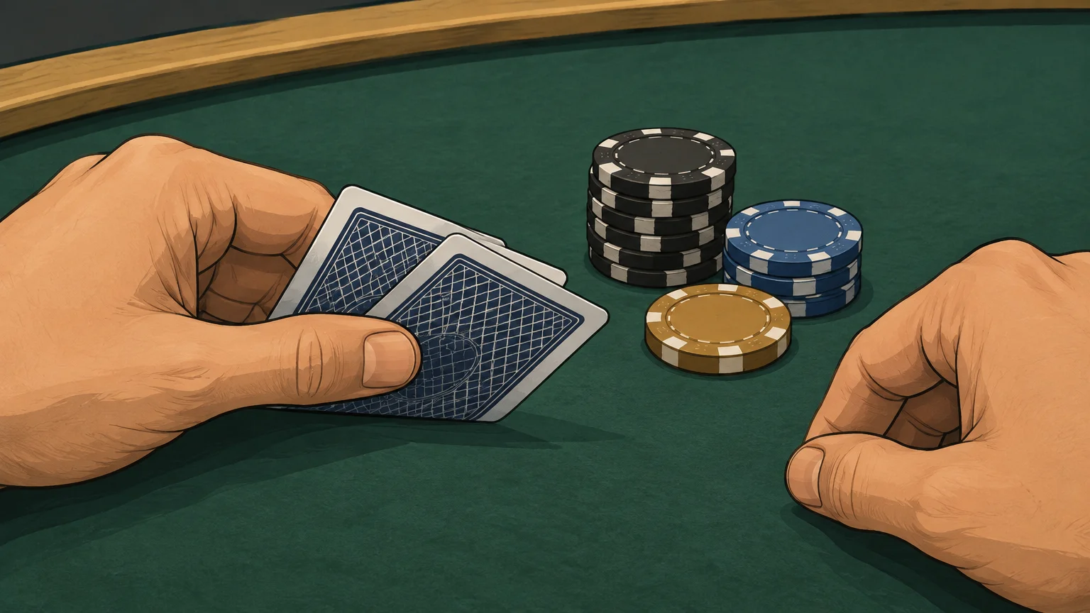Illustration de cartes fermées et de jetons sur une table de poker avant le flop.