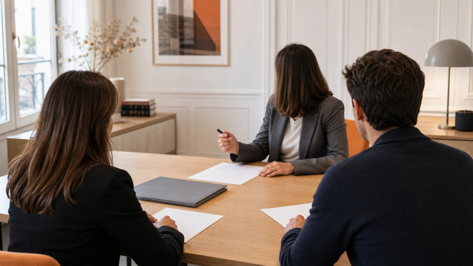 Échange calme autour d’un dossier familial dans un bureau juridique