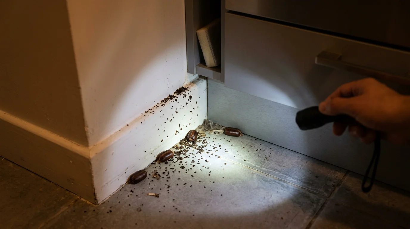 Signes d'une infestation de cafards le long d'une plinthe de cuisine