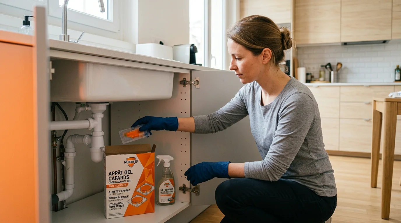 Personne appliquant un gel anti-cafards sous un meuble de cuisine