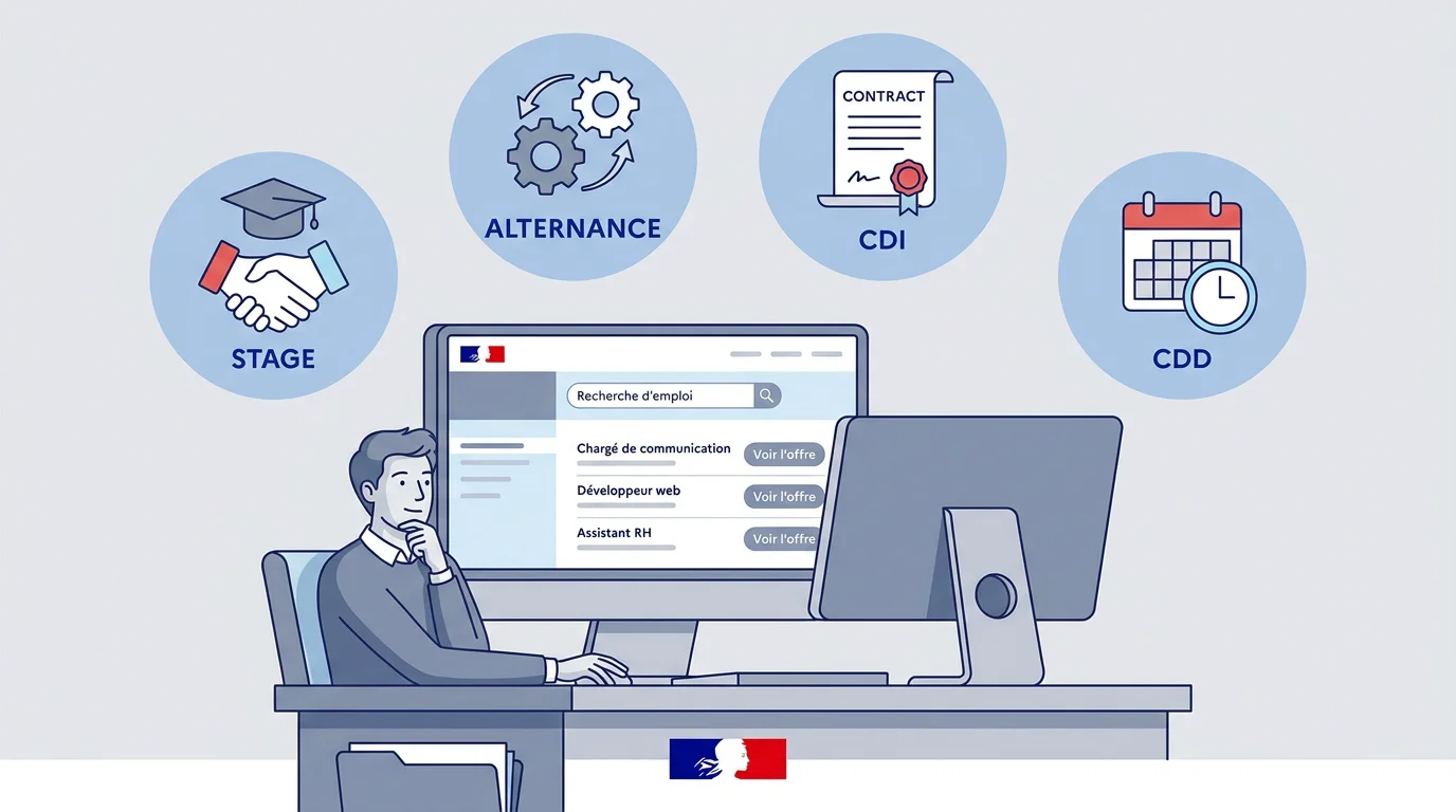 Jeune adulte consultant des offres d'emploi sur un écran avec des icônes stage, alternance et CDI