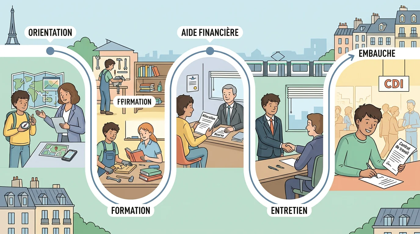 Frise chronologique illustrant les étapes d'accompagnement vers l'emploi pour les jeunes en France