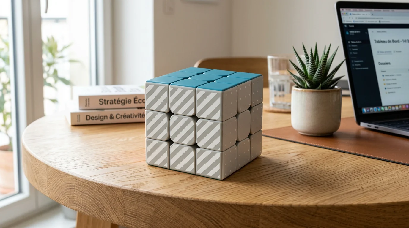 Cube casse-tête personnalisé posé sur un bureau de travail lumineux