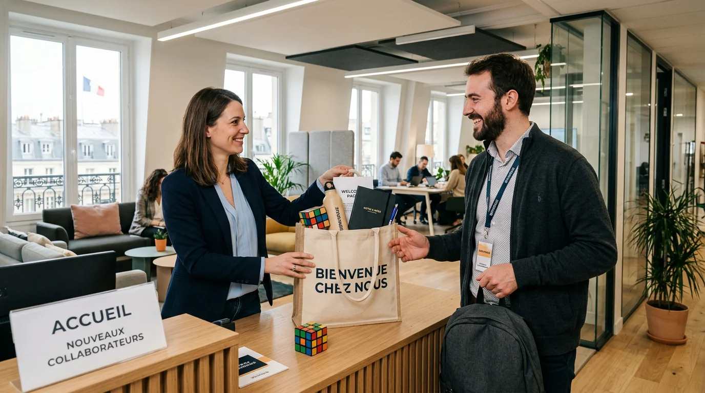 Remise d'un welcome pack avec cube personnalisé à un nouveau collaborateur
