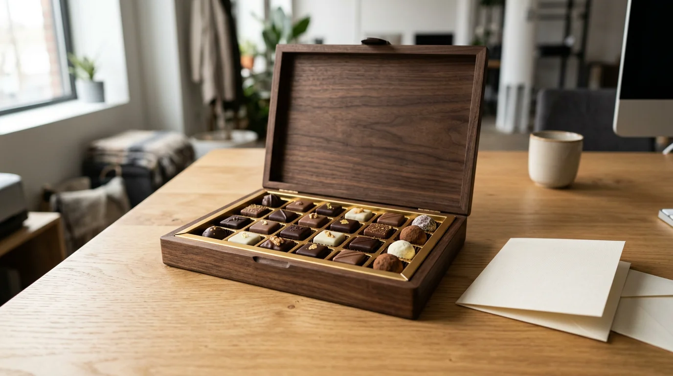 Coffret de chocolats assortis présenté sur un bureau d'entreprise moderne