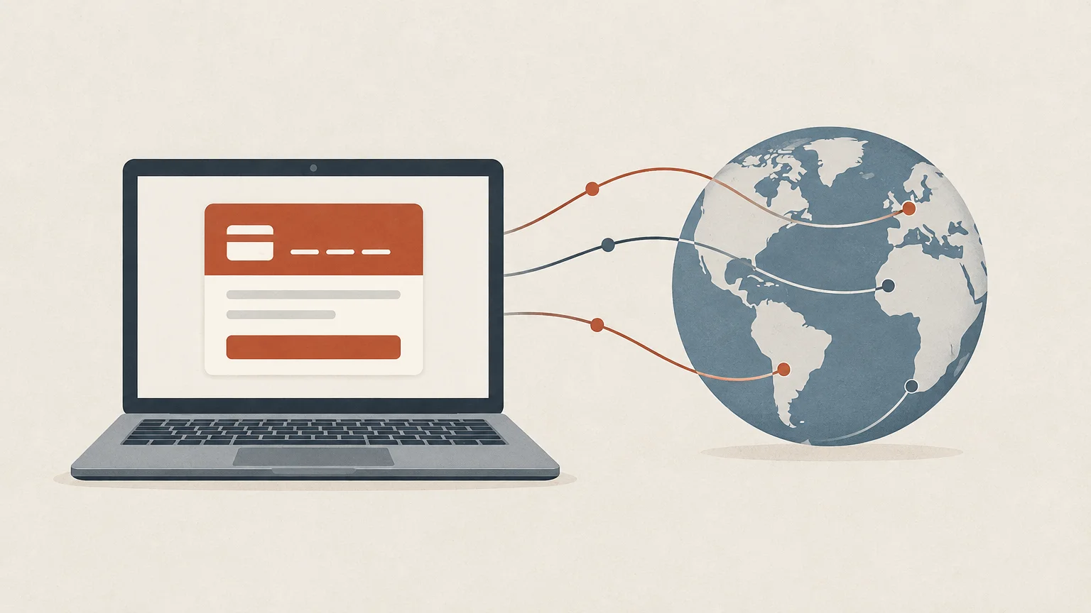 Editorial illustration of international payment routes converging on a digital creator’s checkout