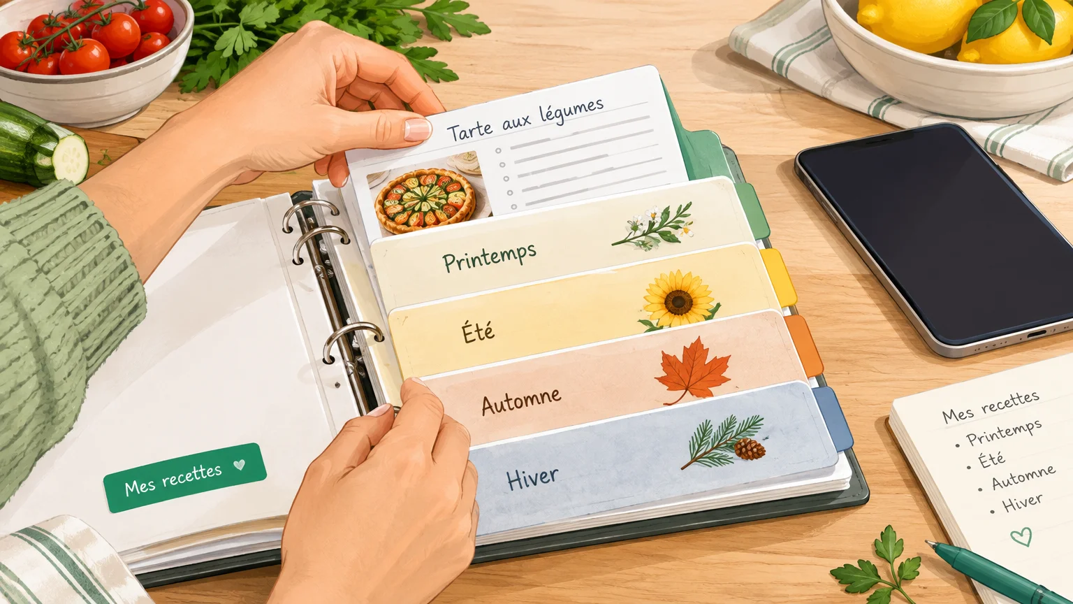 Des fiches de recettes rangées selon les quatre saisons