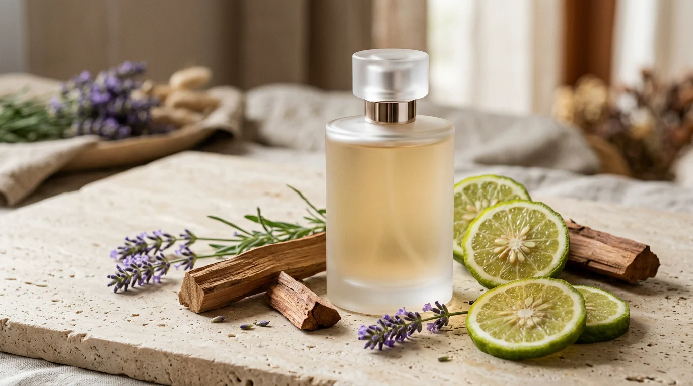 Flacon de parfum mixte de luxe entouré de bergamote, lavande et bois de cèdre