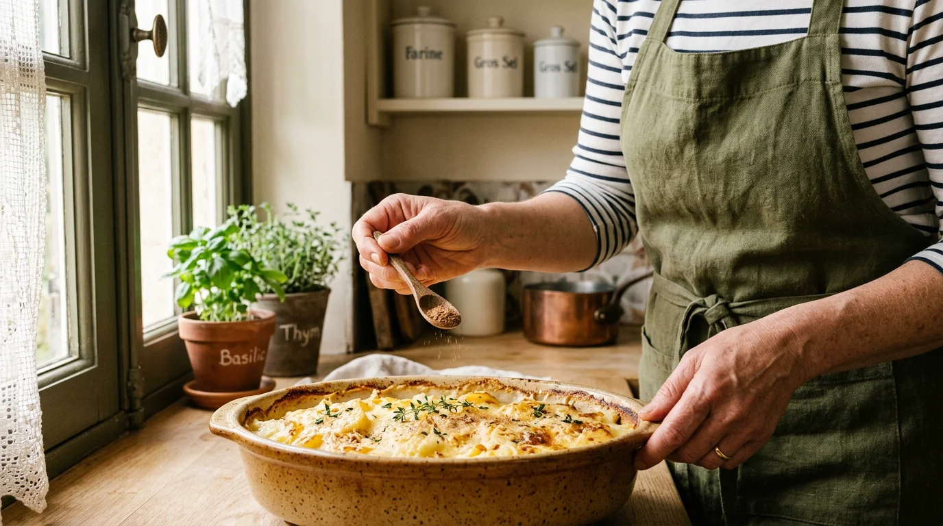 Cuisinier saupoudrant de la muscade moulue sur un gratin
