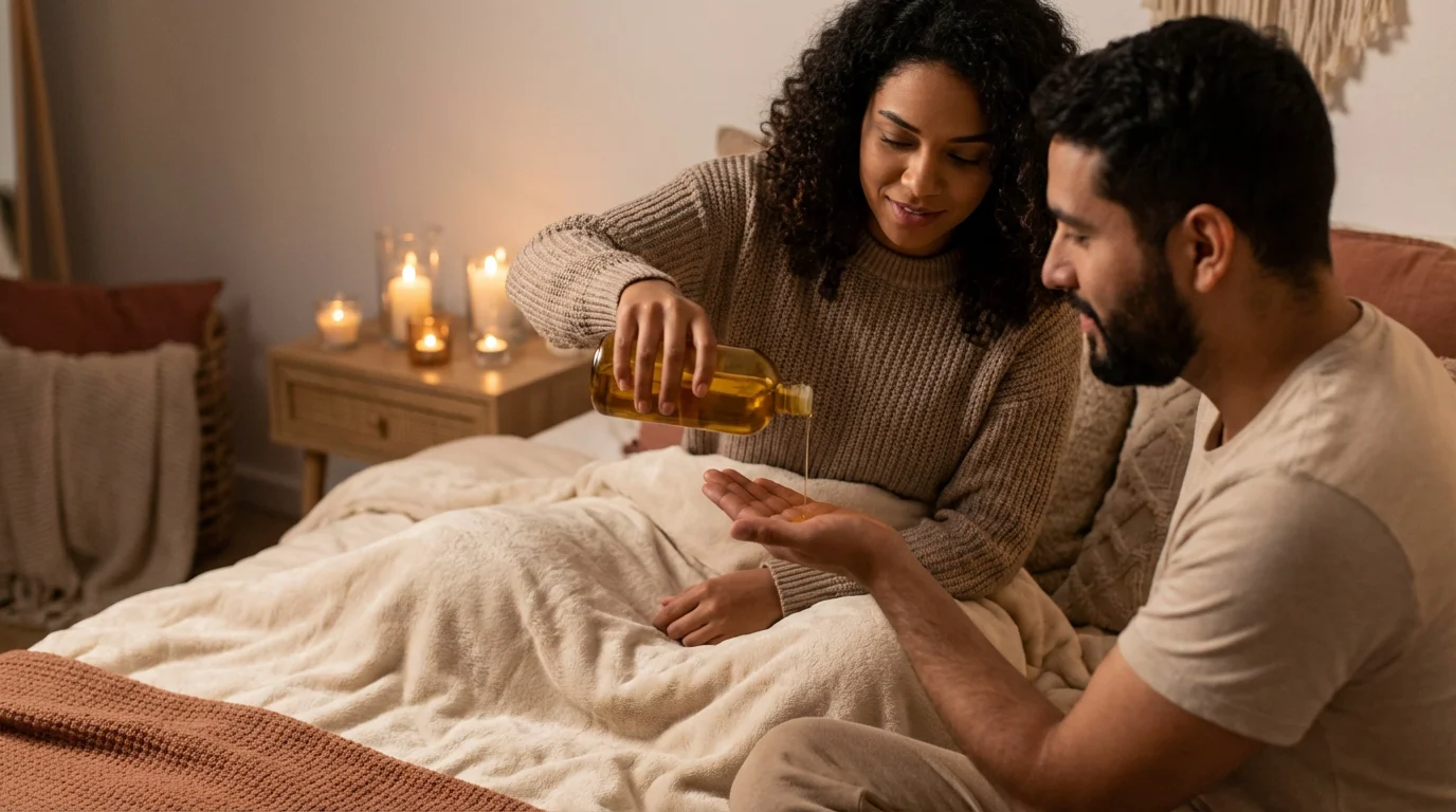 Couple latino versant une huile de massage comestible dans la paume de la main à la lueur de bougies
