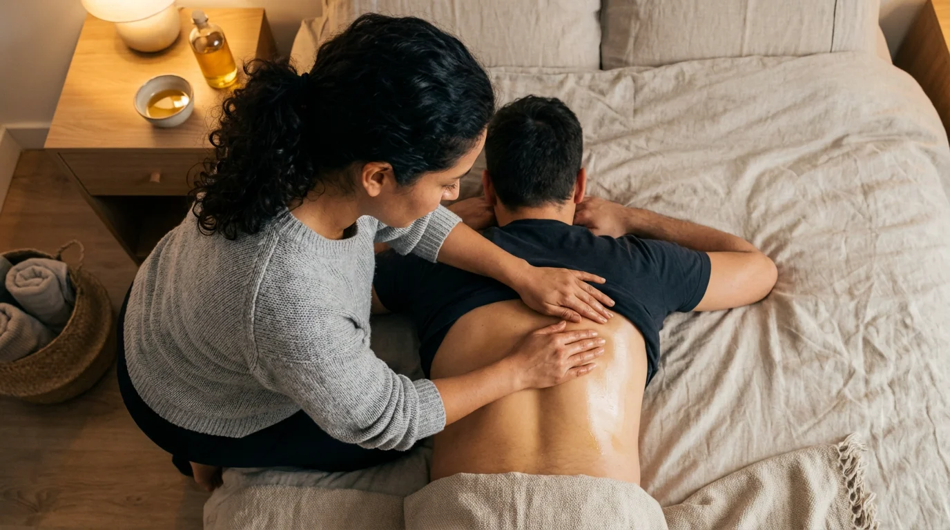 Femme latina massant les épaules de son partenaire avec une huile dorée sur un drap beige