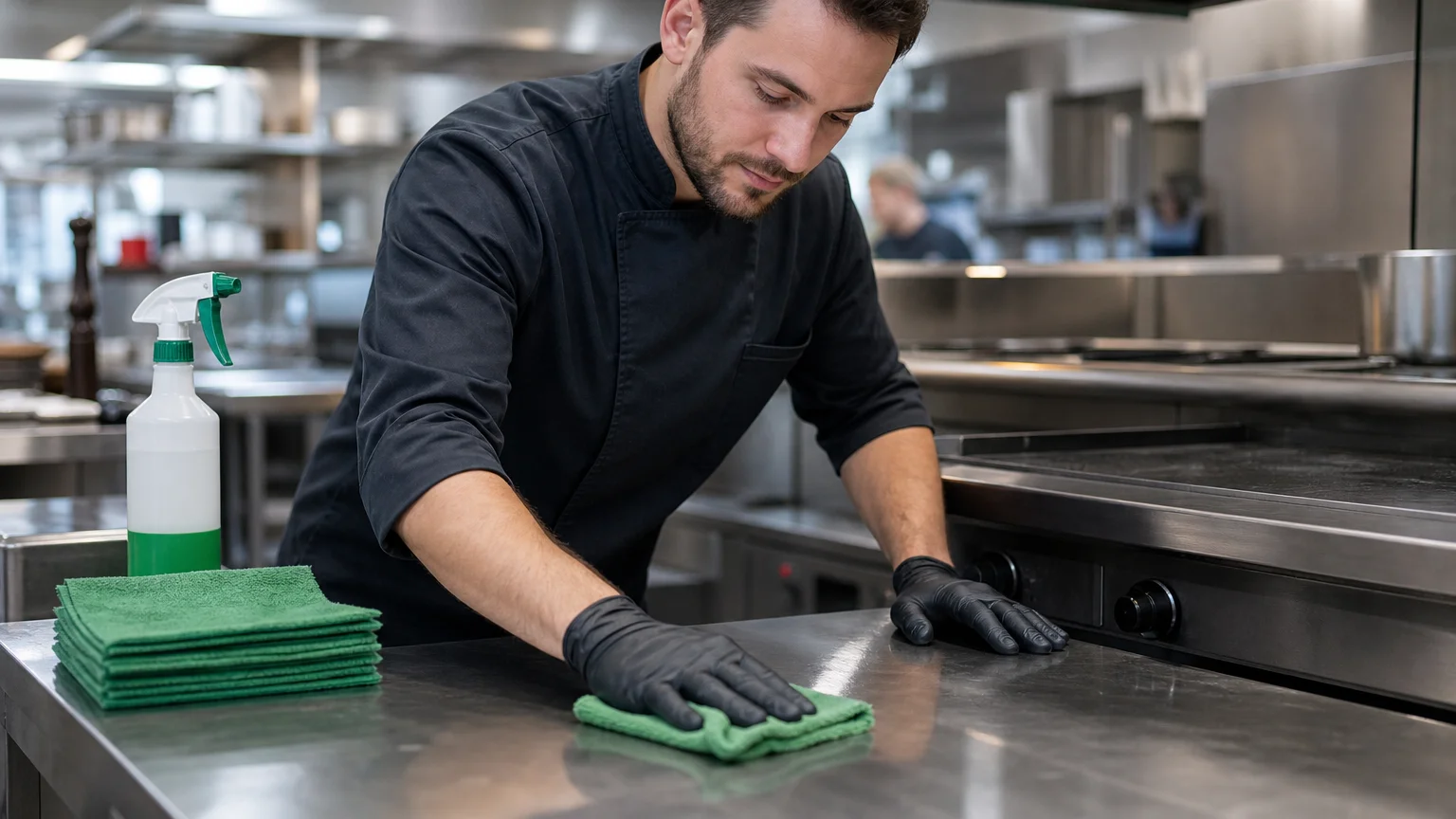 Agent nettoyant une surface inox près d’un équipement de cuisson en cuisine professionnelle