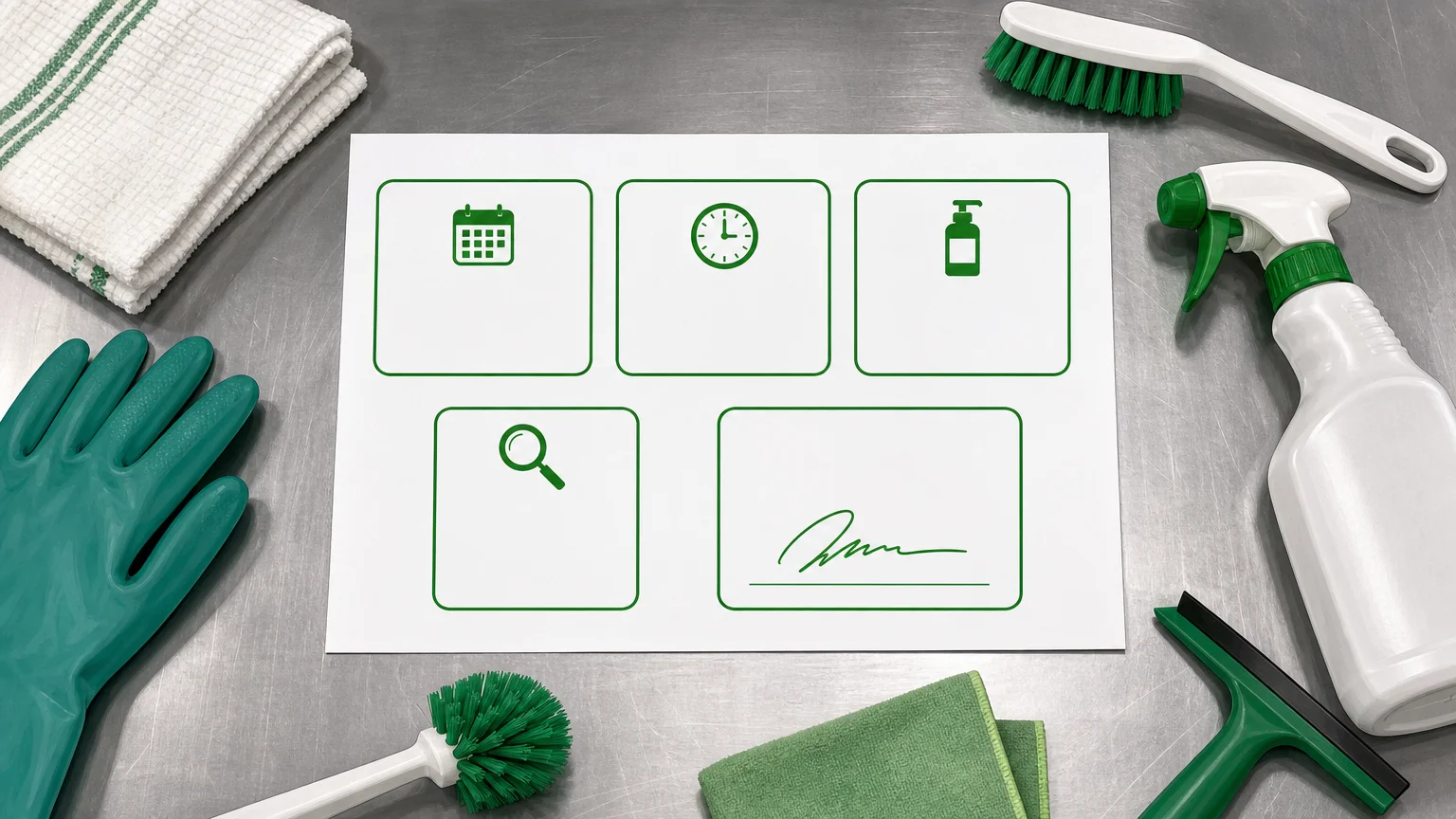 Fiche vierge et accessoires de nettoyage disposés sur un plan inox de cuisine professionnelle