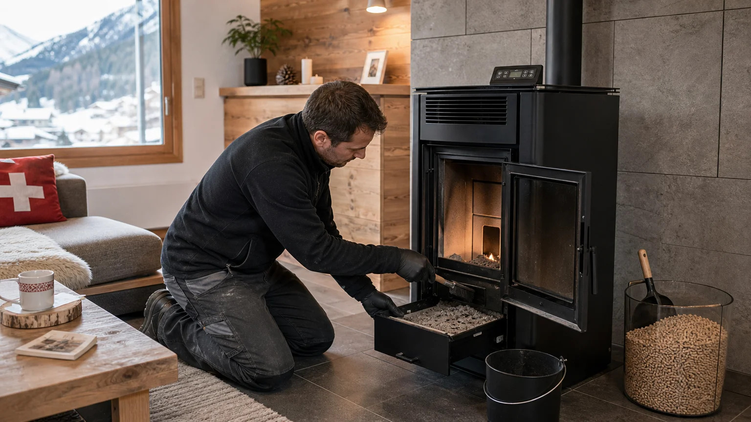 Personne nettoyant le foyer et le cendrier d'un poêle à pellets avant l'hiver
