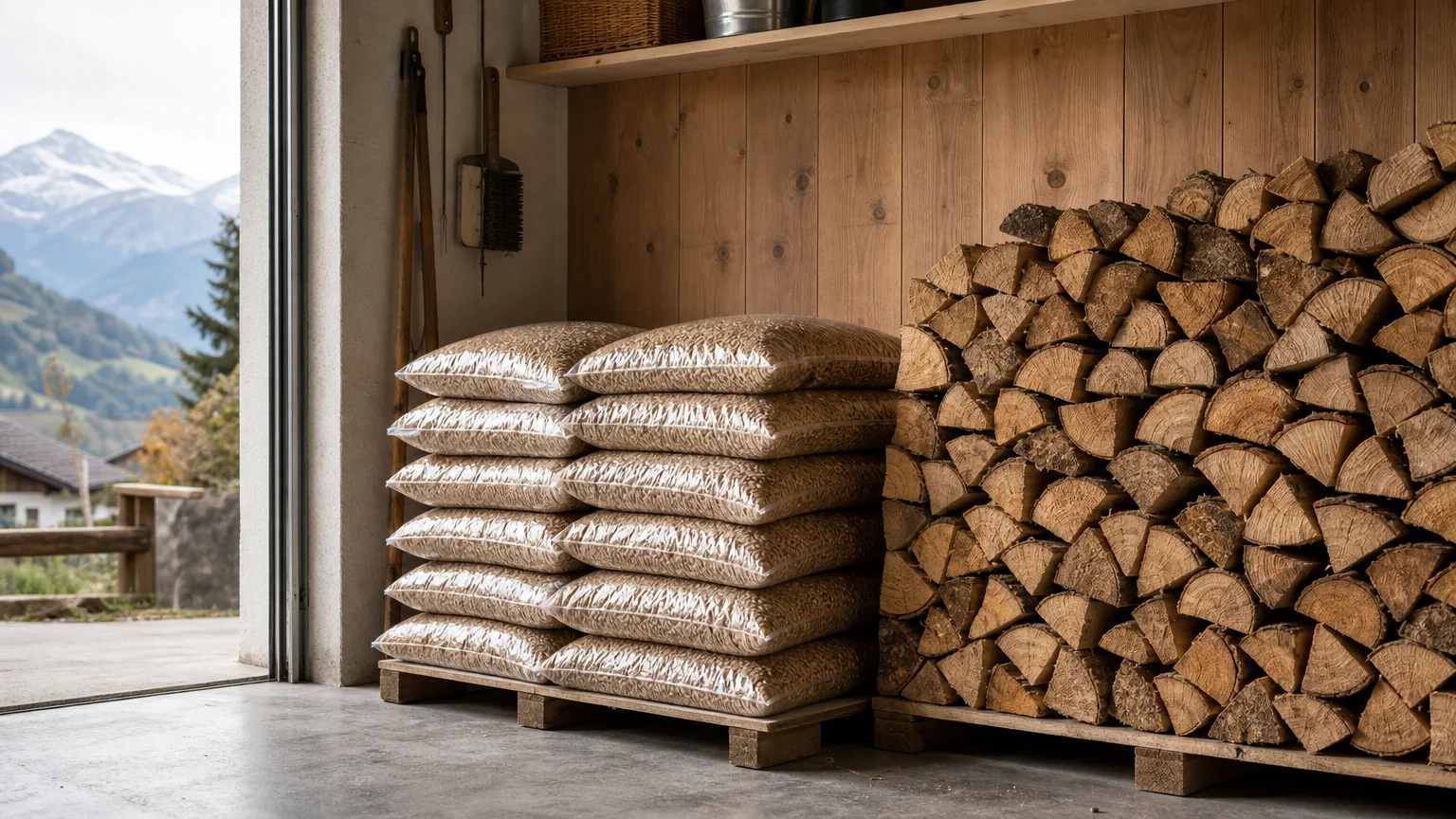 Bûches sèches empilées et sacs de pellets stockés au sec dans un local ventilé