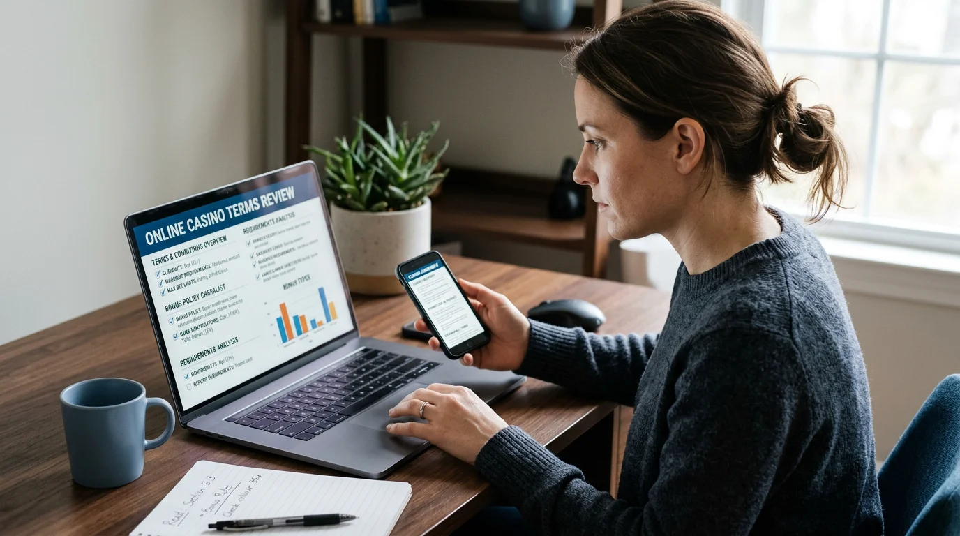 Person comparing online casino bonus terms on a laptop and phone
