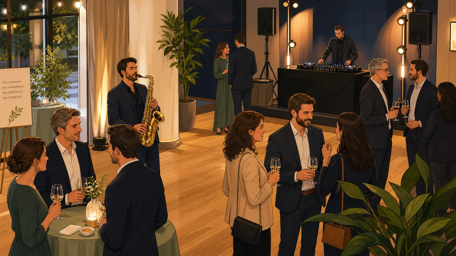 Animation musicale associant saxophone live et DJ lors d’une soirée d’entreprise