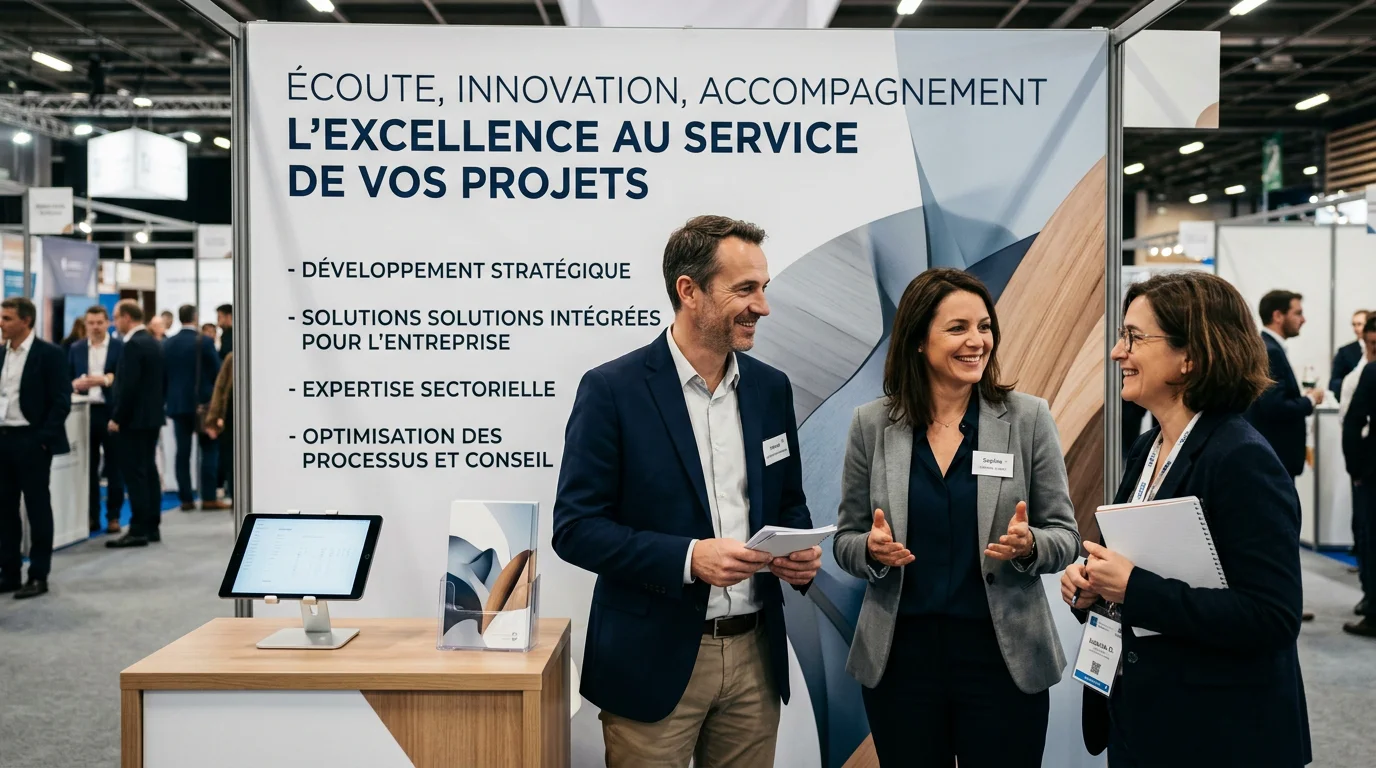 Affiche d'entreprise installée sur un stand de salon professionnel