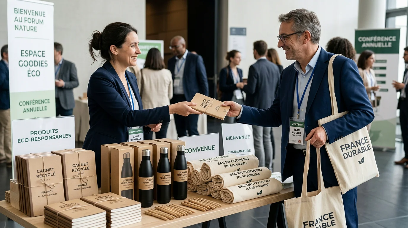Objets publicitaires éco-responsables présentés sur une table de conférence