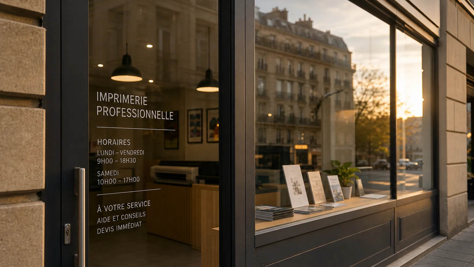 Vitrine de commerce avec lettrage adhésif découpé et horaires en français