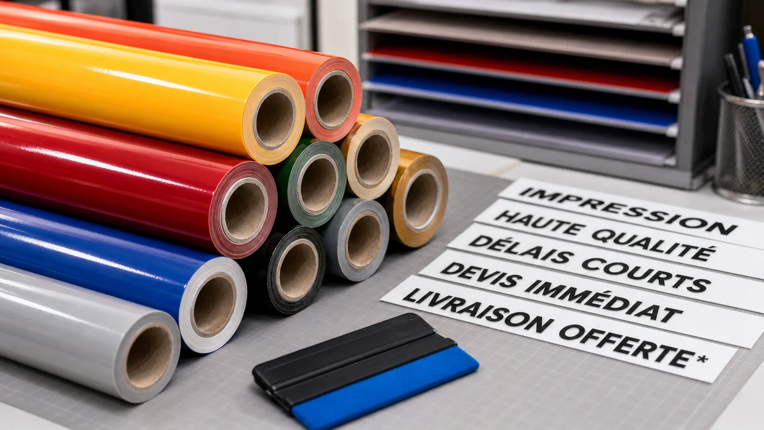 Rouleaux de vinyle adhésif et lettres découpées dans un atelier d'impression