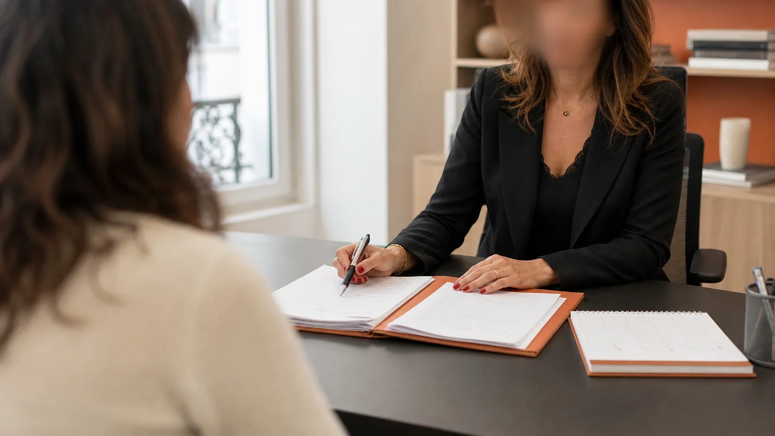 Échange confidentiel entre une avocate et une cliente autour d’un dossier de séparation.