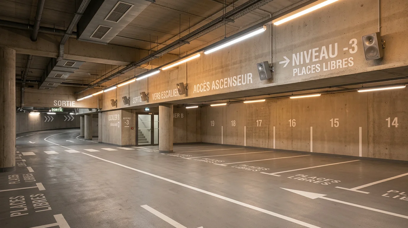 Parc de stationnement souterrain équipé de haut-parleurs muraux pour la sonorisation