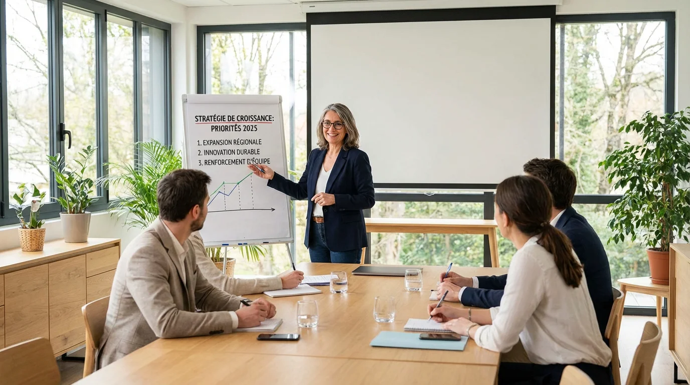 Consultant senior présentant une stratégie à une équipe en salle de réunion