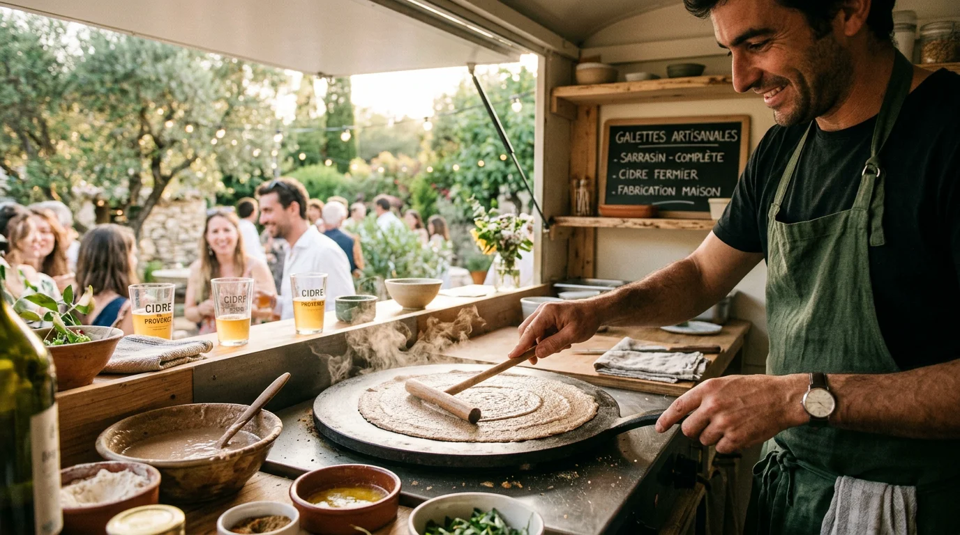 Préparation d'une galette de sarrasin à la minute dans un food truck en Provence