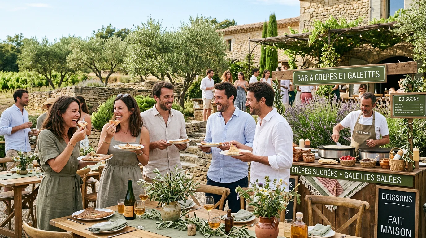 Invités dégustant des crêpes lors d'une réception en Provence