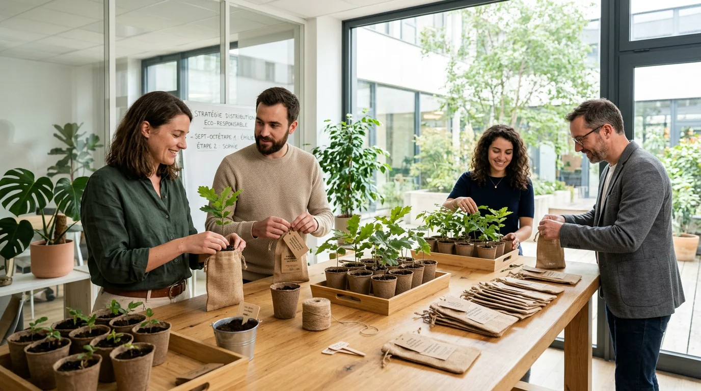 Équipe marketing préparant des plants d'arbres publicitaires en pochons de jute